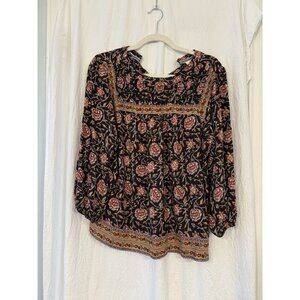 Knox Rose Blouse Top Womens Black M 3/4 Peasant Sleeves Round Neck Floral Rayon